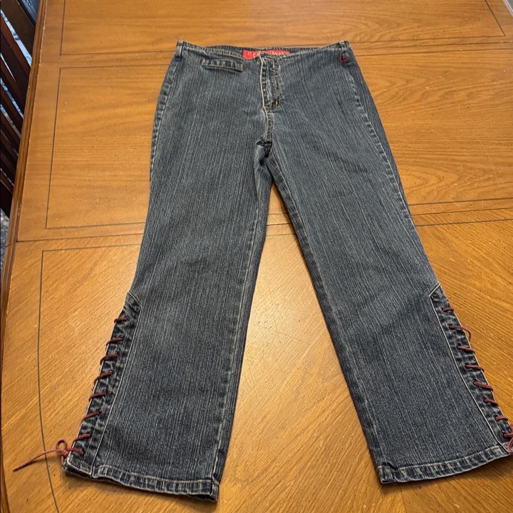 Vintage Y2K Guess Stretch Flat Front Crop Jeans Pink Leather Lace Up Detail 29
